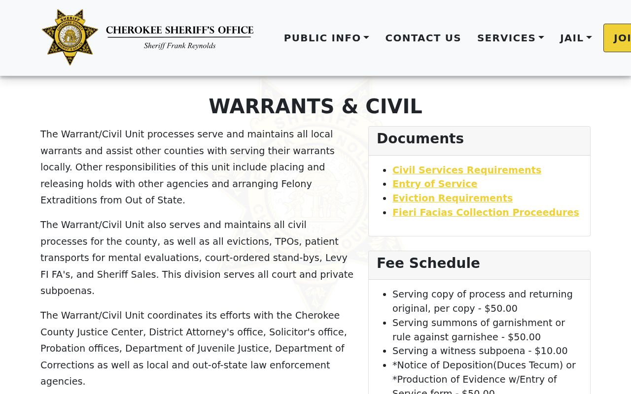 Cherokee County warrant records Warrant Civil Unit